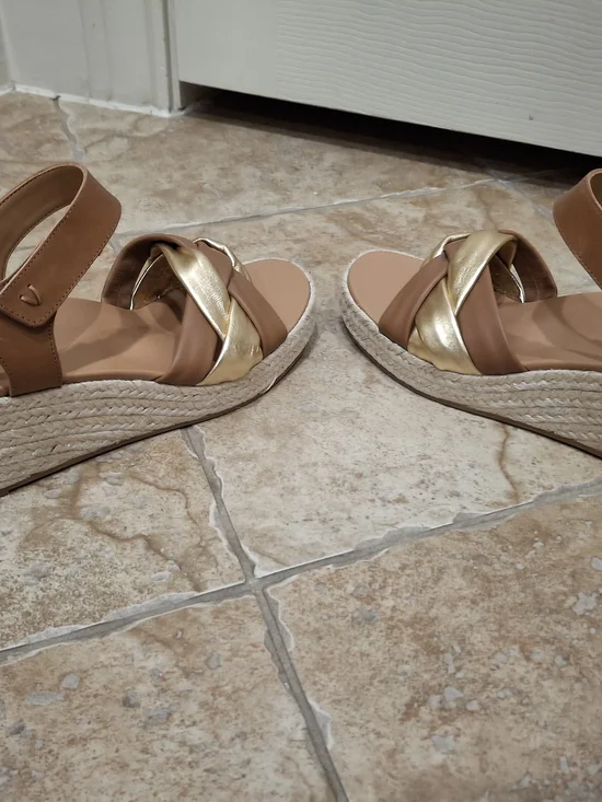 Vionic Tan and Gold Braided Espadrille Wedge Sandals - Picture 7 of 9